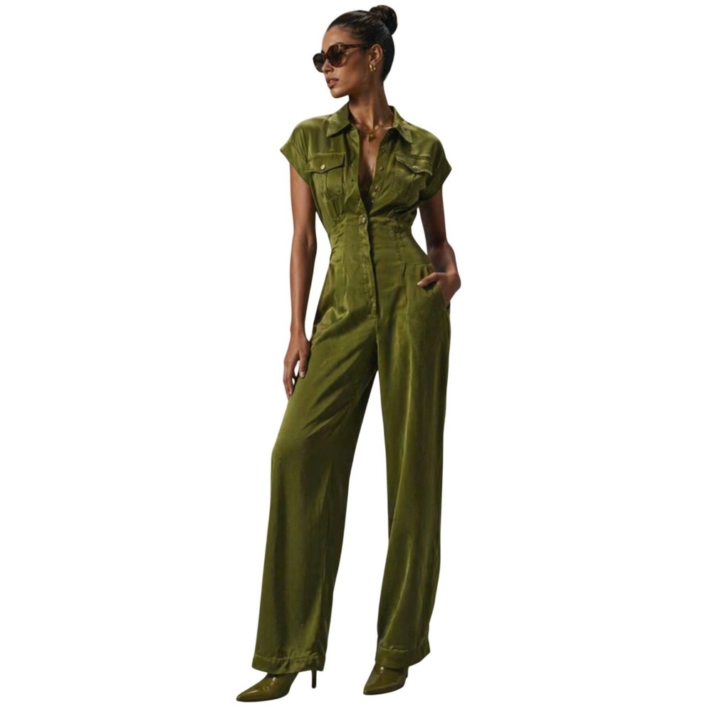 Anthropologie Olive Green Utility Jumpsuit Cutout Back Wide Leg Size 8